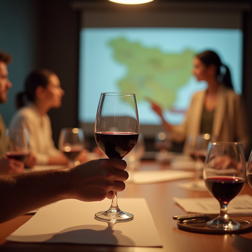 Sessione di degustazione guidata in aula con bicchieri di vino