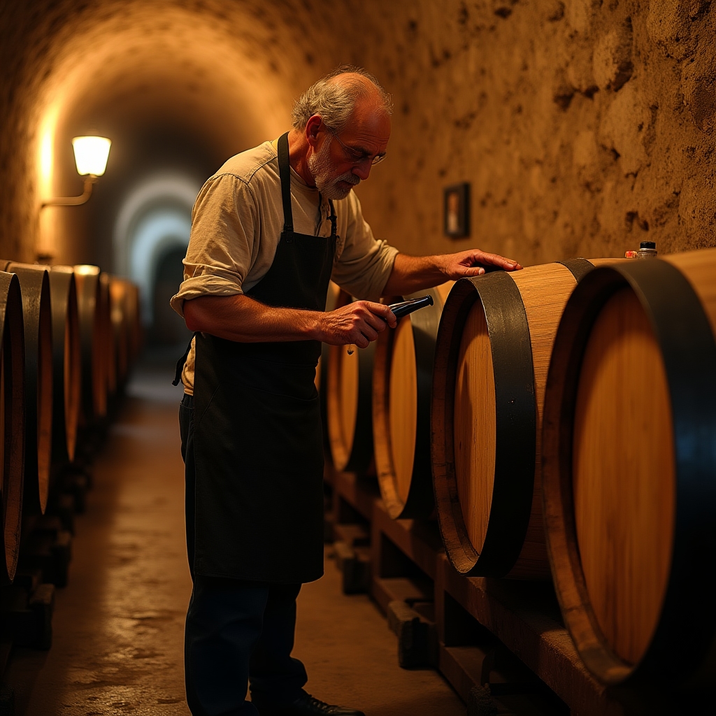 Cantina artigianale con botti di legno per affinamento vino